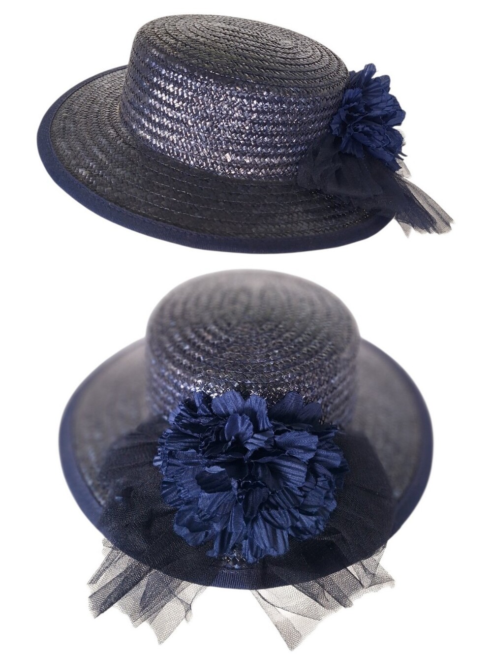 Vintage 80s 90s Blue Straw Hat Flower Bow Cottagecore Royalcore Tea Party